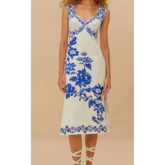FARM Rio Off-White Floral Cascade Wavy Midi Dress - Picture 1 of 11